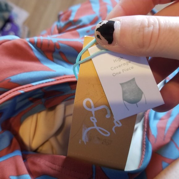 Kona Sol High Coverage One Peice Red Blue Palm Pattern Bathiing Swim Suit NWT - Picture 3 of 5